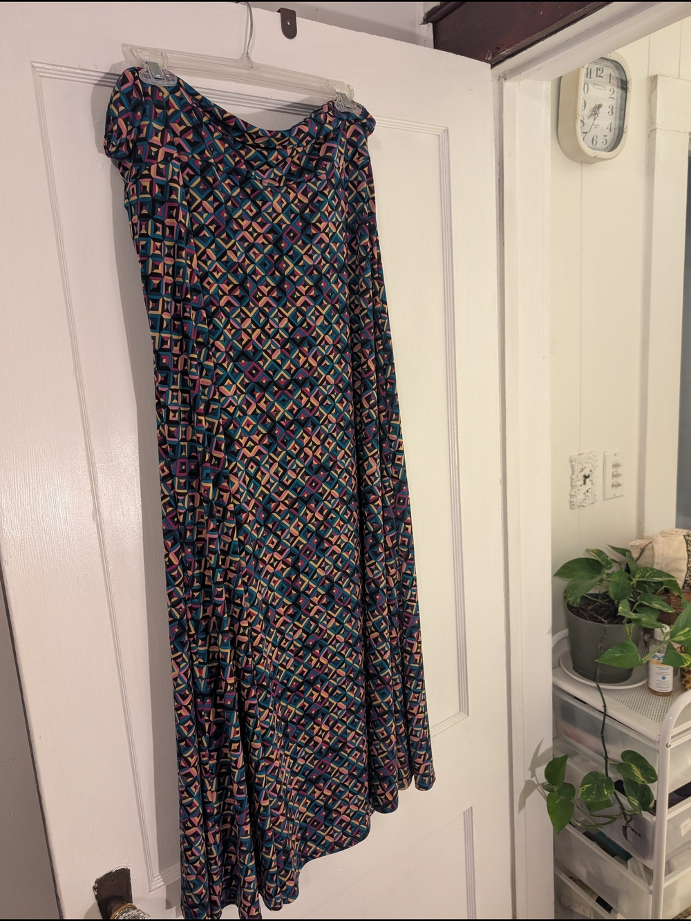 LuLaRoe Maxi Skirt in Navy with Teal, Pink and Gold Geometric Print